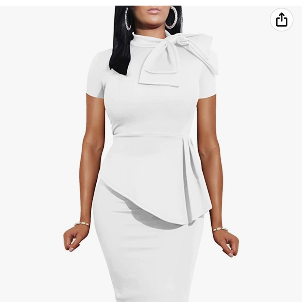 New White Peplum Bodycon Short Sleeve Bow Club Party Dress size M